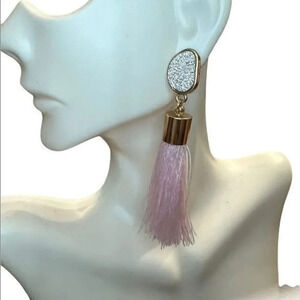 Rhinestone and Pink Tassel Dangle Earrings